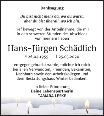 Traueranzeige von Hans-Jürgen Schädlich von Mitteldeutsche Zeitung Bitterfeld