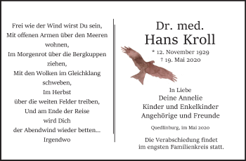 Traueranzeige von Hans Kroll von Mitteldeutsche Zeitung Quedlinburg