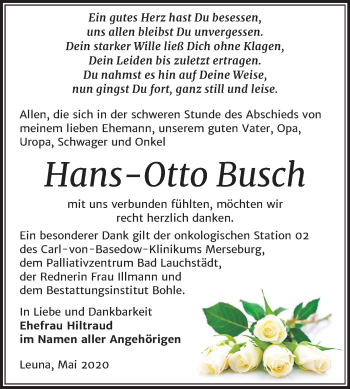 Traueranzeige von Hans-Otto Busch von Wochenspiegel Merseburg/Querfurt