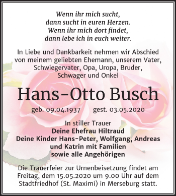 Traueranzeige von Hans-Otto Busch von Mitteldeutsche Zeitung Merseburg/Querfurt