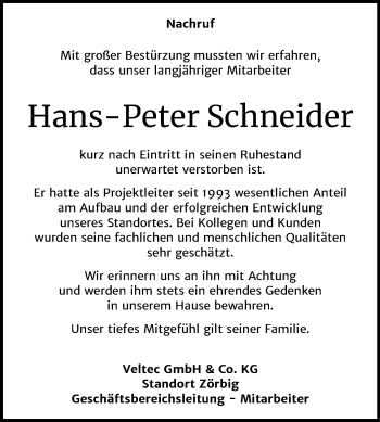 Traueranzeige von Hans-Peter Schneider von Super Sonntag Wittenberg