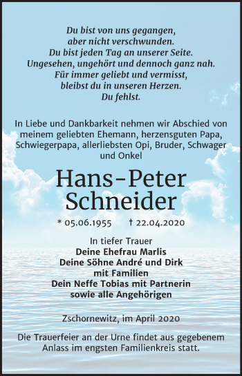 Traueranzeige von Hans-Peter Schneider von Super Sonntag Wittenberg