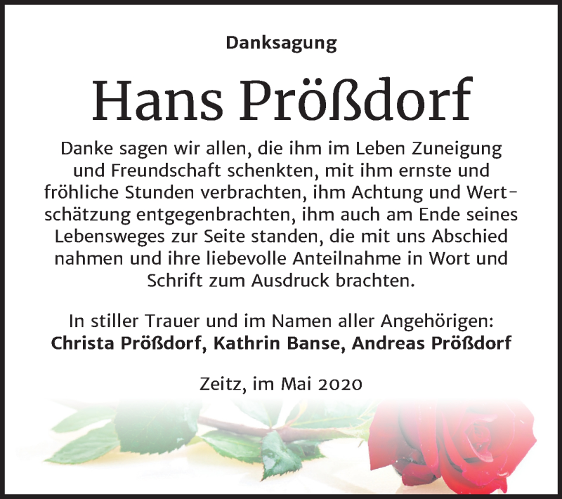  Traueranzeige für Hans Prößdorf vom 16.05.2020 aus Mitteldeutsche Zeitung Zeitz