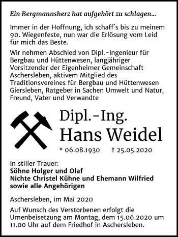 Traueranzeige von Hans Weidel von Super Sonntag Aschersleben