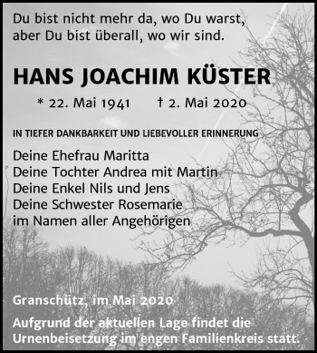 Traueranzeige von Hans Joachim Küster von Super Sonntag Weißenfels
