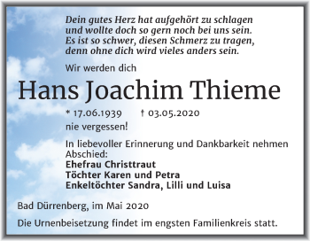 Traueranzeige von Hans Joachim Thieme von Super Sonntag Merseburg/Querfurt