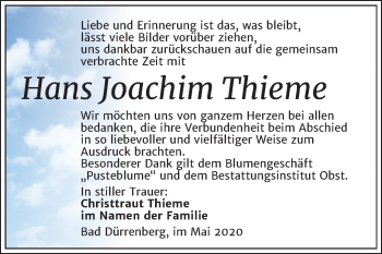 Traueranzeige von Hans Joachim Thieme von Super Sonntag Merseburg/Querfurt