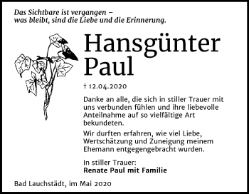 Traueranzeige von Hansgünter Paul von Mitteldeutsche Zeitung Merseburg/Querfurt
