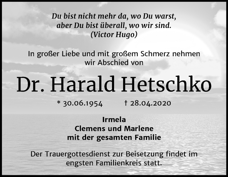  Traueranzeige für Harald Hetschko vom 02.05.2020 aus Mitteldeutsche Zeitung Halle/Saalkreis