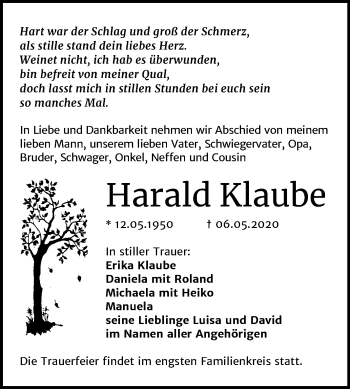 Traueranzeige von Harald Klaube von Mitteldeutsche Zeitung Sangerhausen