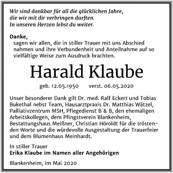 Traueranzeige von Harald Klaube von Mitteldeutsche Zeitung Sangerhausen