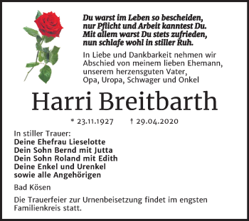 Traueranzeige von Harri Breitbarth von Super Sonntag Naumburg/Nebra
