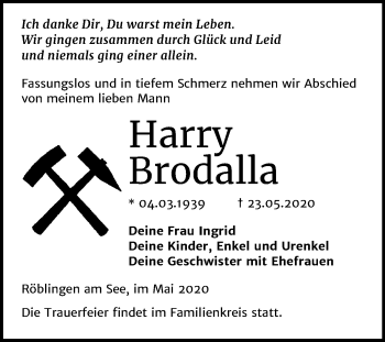 Traueranzeige von Harry Brodalla von Mitteldeutsche Zeitung Mansfelder Land