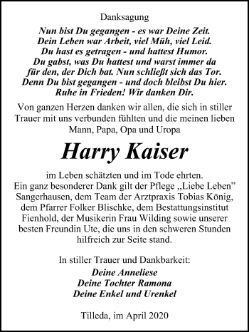 Traueranzeige von Harry Kaiser von Mitteldeutsche Zeitung Sangerhausen