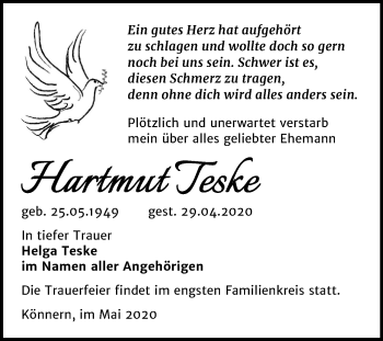 Traueranzeige von Hartmut Teske von Mitteldeutsche Zeitung Bernburg