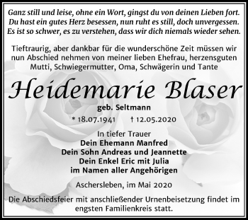 Traueranzeige von Heidemarie Blaser von Mitteldeutsche Zeitung Aschersleben