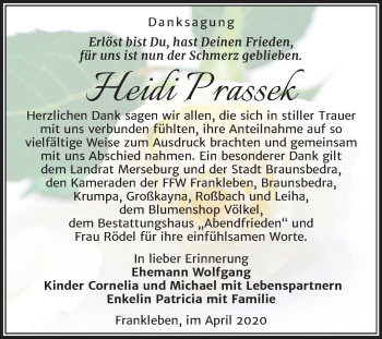Traueranzeige von Heidi Prassek von Mitteldeutsche Zeitung Merseburg/Querfurt