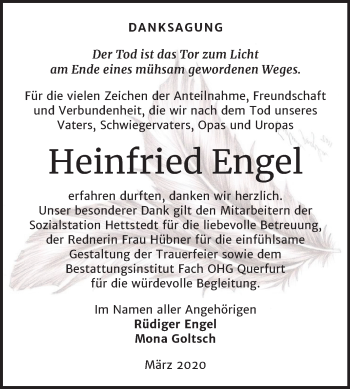 Traueranzeige von Heinfried Engel von Mitteldeutsche Zeitung Sangerhausen
