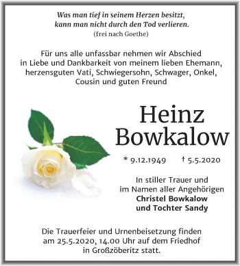 Traueranzeige von Heinz Bowkalow von Wochenspiegel Bitterfeld