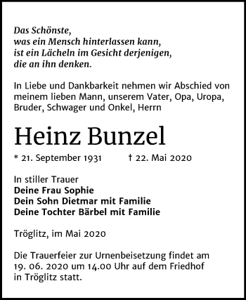 Traueranzeige von Heinz Bunzel von Mitteldeutsche Zeitung Zeitz