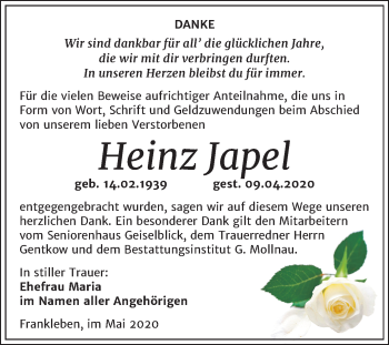 Traueranzeige von Heinz Japel von Super Sonntag Merseburg/Querfurt