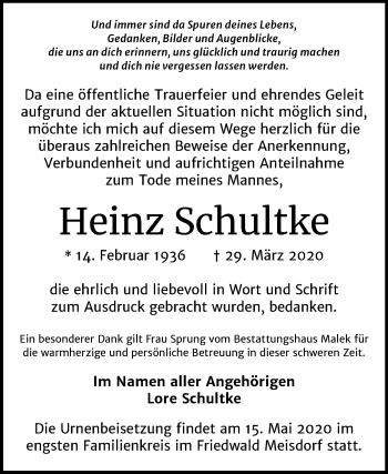 Traueranzeige von Heinz Schultke von Mitteldeutsche Zeitung Quedlinburg