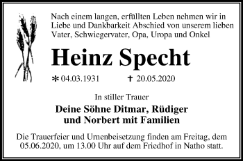 Traueranzeige von Heinz Specht von Super Sonntag Dessau-Roßlau