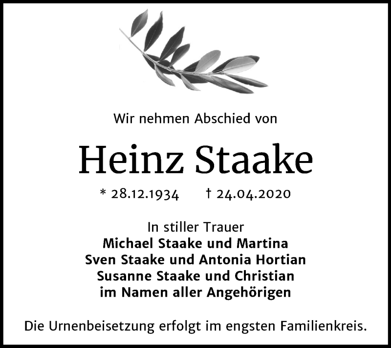  Traueranzeige für Heinz Staake vom 02.05.2020 aus Super Sonntag Bernburg