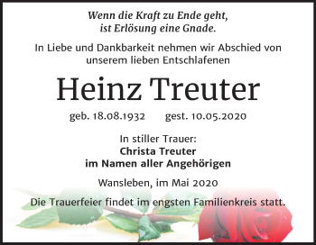 Traueranzeige von Heinz Treuter von Mitteldeutsche Zeitung Mansfelder Land
