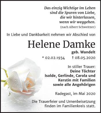 Traueranzeige von Helene Damke von Super Sonntag Köthen