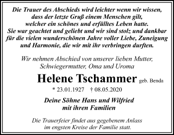 Traueranzeige von Helene Tschammer von Super Sonntag Dessau-Roßlau