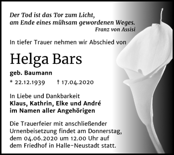 Traueranzeige von Helga Bars von Mitteldeutsche Zeitung Halle/Saalkreis