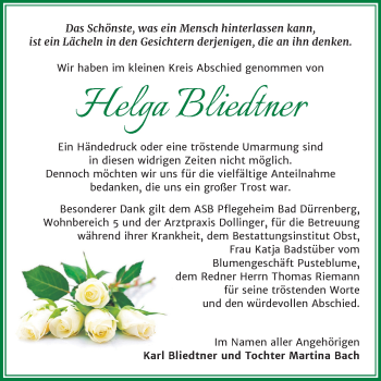 Traueranzeige von Helga Bliedtner von Super Sonntag Merseburg/Querfurt