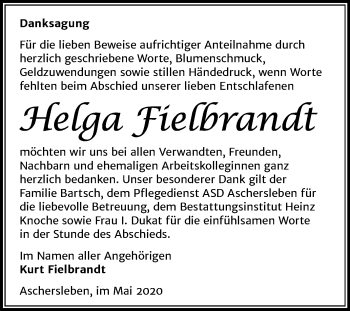 Traueranzeige von Helga Fielbrandt von Mitteldeutsche Zeitung Aschersleben