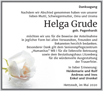 Traueranzeige von Helga Grude von Mitteldeutsche Zeitung Mansfelder Land