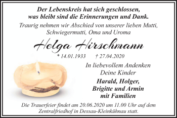 Traueranzeige von Helga Hirschmann von Mitteldeutsche Zeitung Dessau-Roßlau