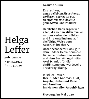 Traueranzeige von Helga Leffer von Super Sonntag Naumburg/Nebra