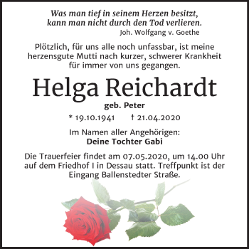 Traueranzeige von Helga Reichardt von Mitteldeutsche Zeitung Dessau-Roßlau