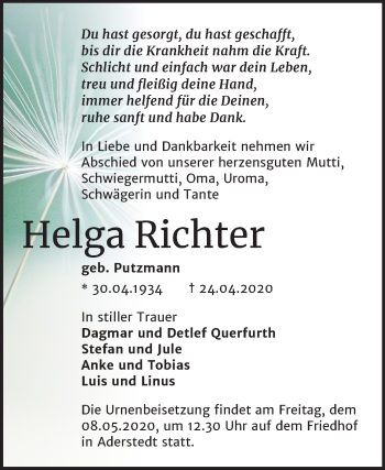 Traueranzeige von Helga Richter von Mitteldeutsche Zeitung Bernburg