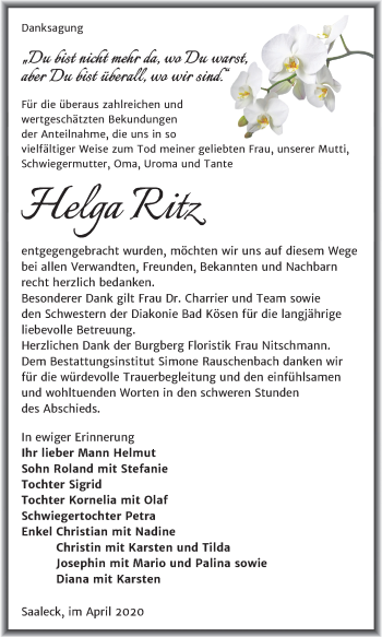 Traueranzeige von Helga Ritz von Super Sonntag Naumburg/Nebra