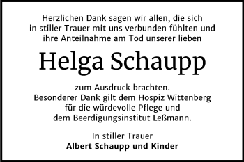 Traueranzeige von Helga Schaupp von Super Sonntag Wittenberg