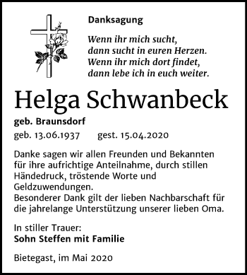 Traueranzeige von Helga Schwanbeck von Super Sonntag Wittenberg