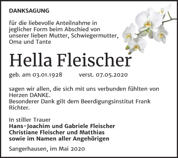 Traueranzeige von Hella Fleischer von Mitteldeutsche Zeitung Sangerhausen