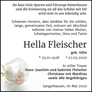 Traueranzeige von Hella Fleischer von Super Sonntag Sangerhausen