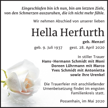 Traueranzeige von Hella Herfurth von Super Sonntag Naumburg/Nebra