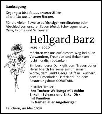 Traueranzeige von Hellgard Barz von Super Sonntag Weißenfels / Zeitz