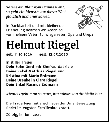Traueranzeige von Helmut Riegel von Wochenspiegel Bitterfeld