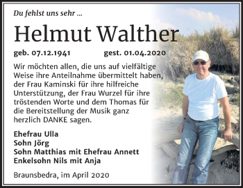 Traueranzeige von Helmut Walther von Mitteldeutsche Zeitung Merseburg/Querfurt
