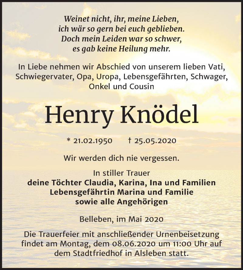  Traueranzeige für Henry Knödel vom 30.05.2020 aus Super Sonntag Bernburg
