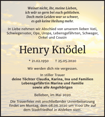 Traueranzeige von Henry Knödel von Mitteldeutsche Zeitung Bernburg